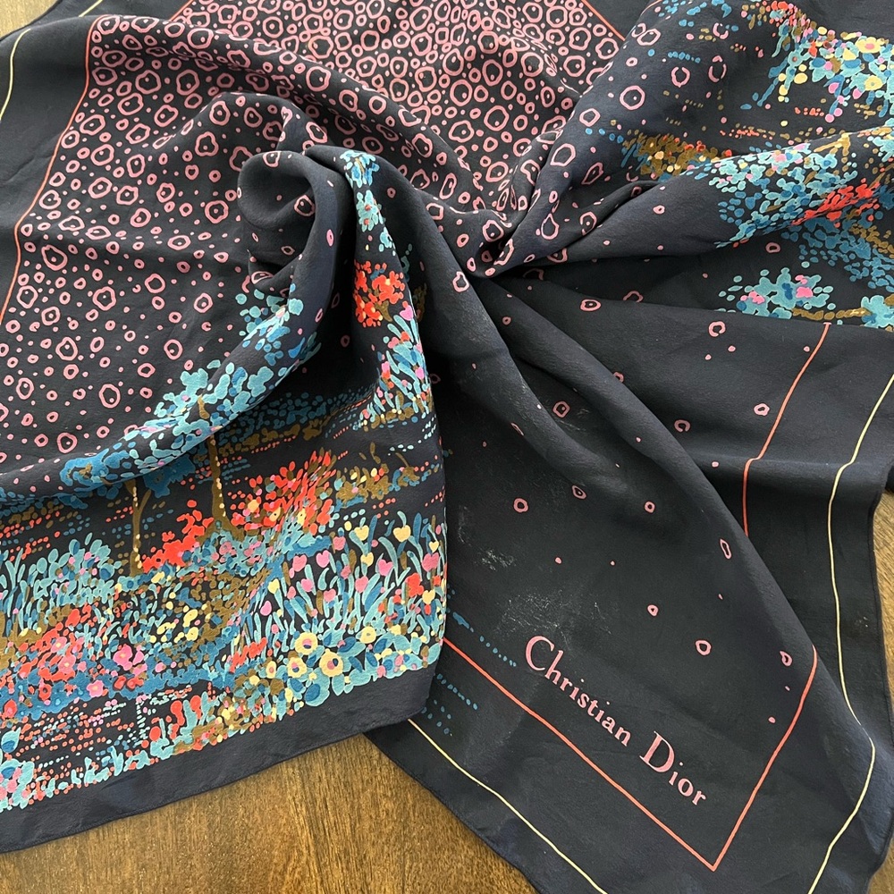 Silk scarf, Christian Dior, navy with stunning florals
